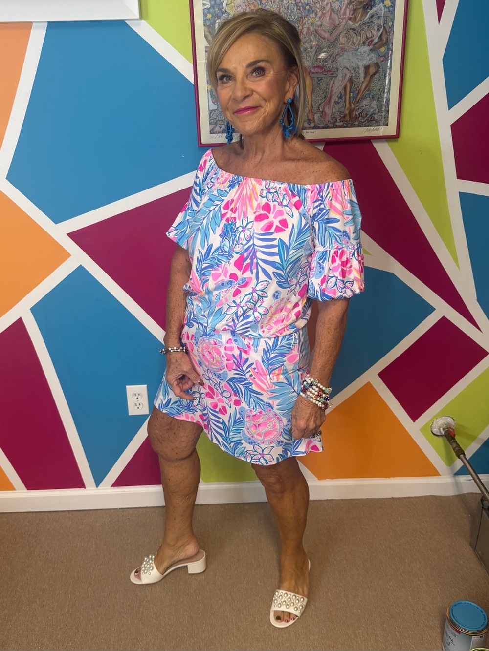 Lilly Pulitzer One-Shoulder Tropical Floral Dress in Pink and Blue